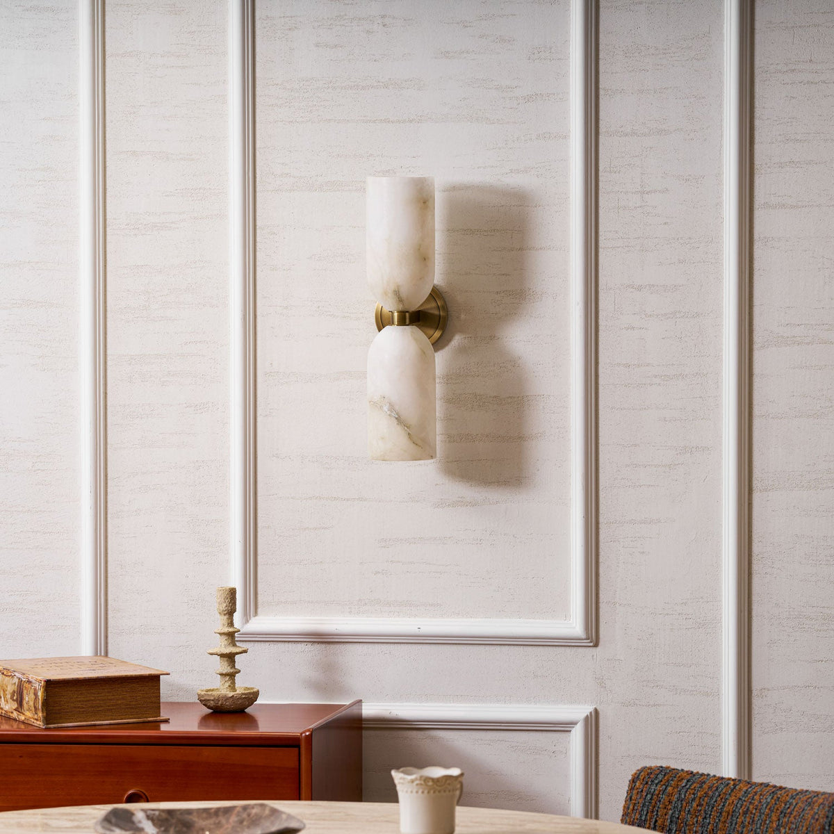 White Alabaster Wall Sconce Slim Cylinder Shade Copper Accent Modern Hallway Bedroom Home Decor - Stack & Clear 5