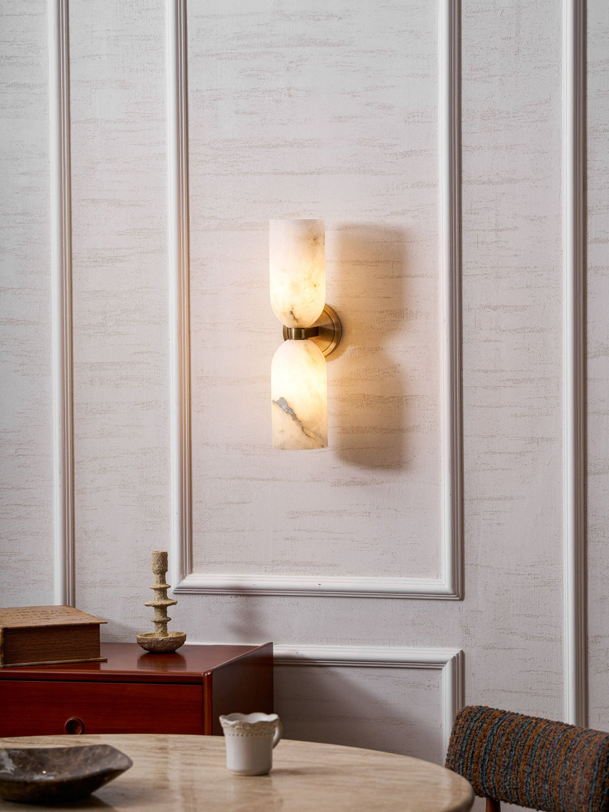 White Alabaster Wall Sconce Slim Cylinder Shade Copper Accent Modern Hallway Bedroom Home Decor - Stack & Clear 6