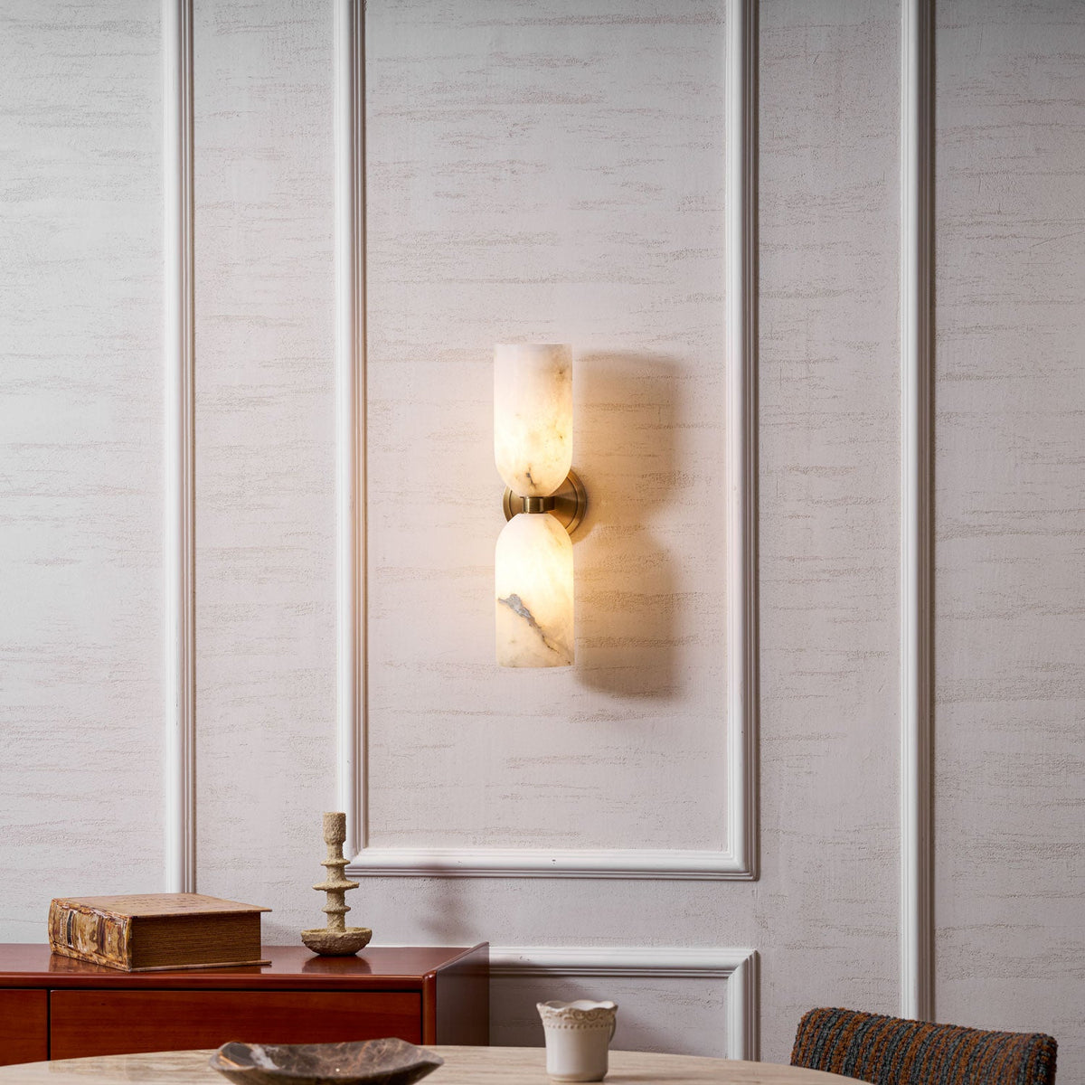 White Alabaster Wall Sconce Slim Cylinder Shade Copper Accent Modern Hallway Bedroom Home Decor - Stack & Clear 7