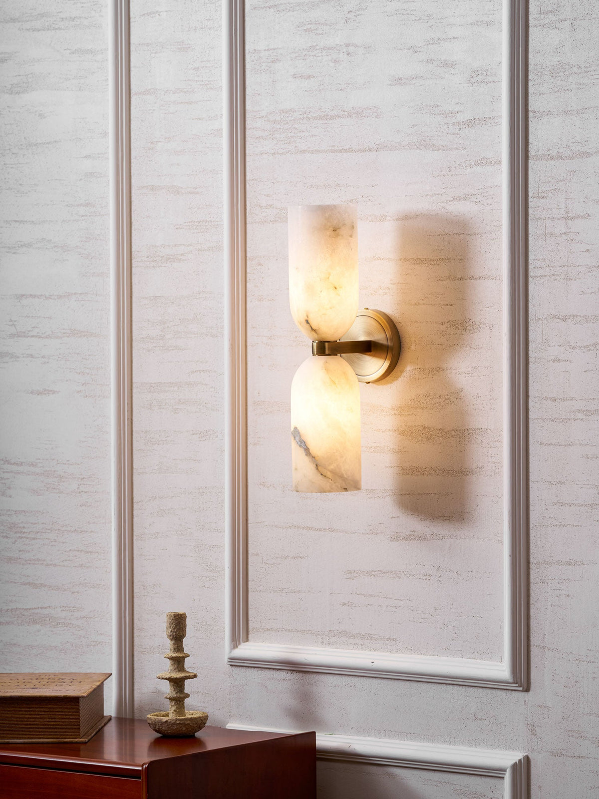 White Alabaster Wall Sconce Slim Cylinder Shade Copper Accent Modern Hallway Bedroom Home Decor - Stack & Clear 8
