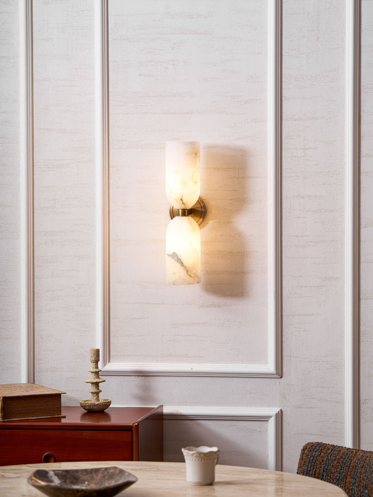 White Alabaster Wall Sconce Slim Cylinder Shade Copper Accent Modern Hallway Bedroom Home Decor - Stack & Clear 9