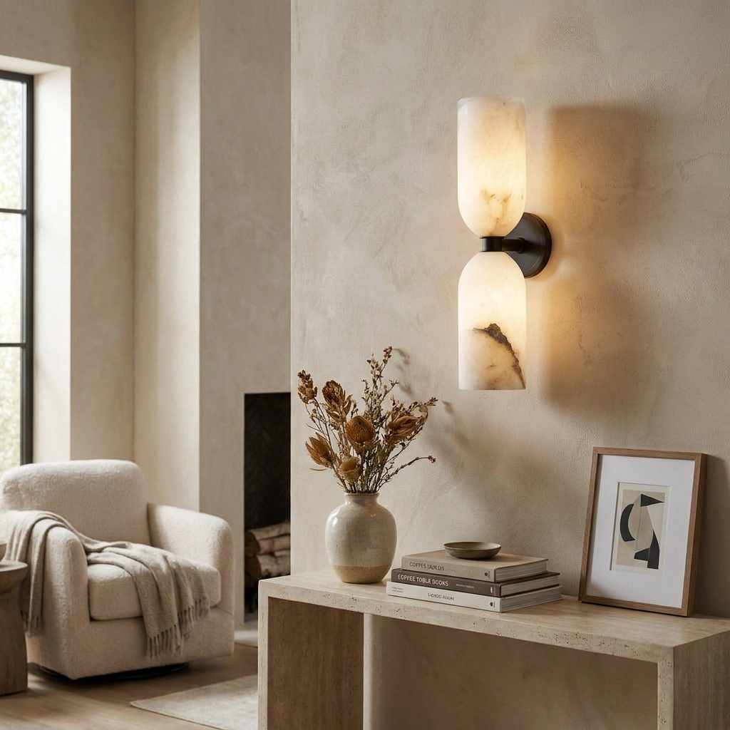 White Alabaster Wall Sconce Slim Cylinder Shade Copper Accent Modern Hallway Bedroom Home Decor - Stack & Clear 995
