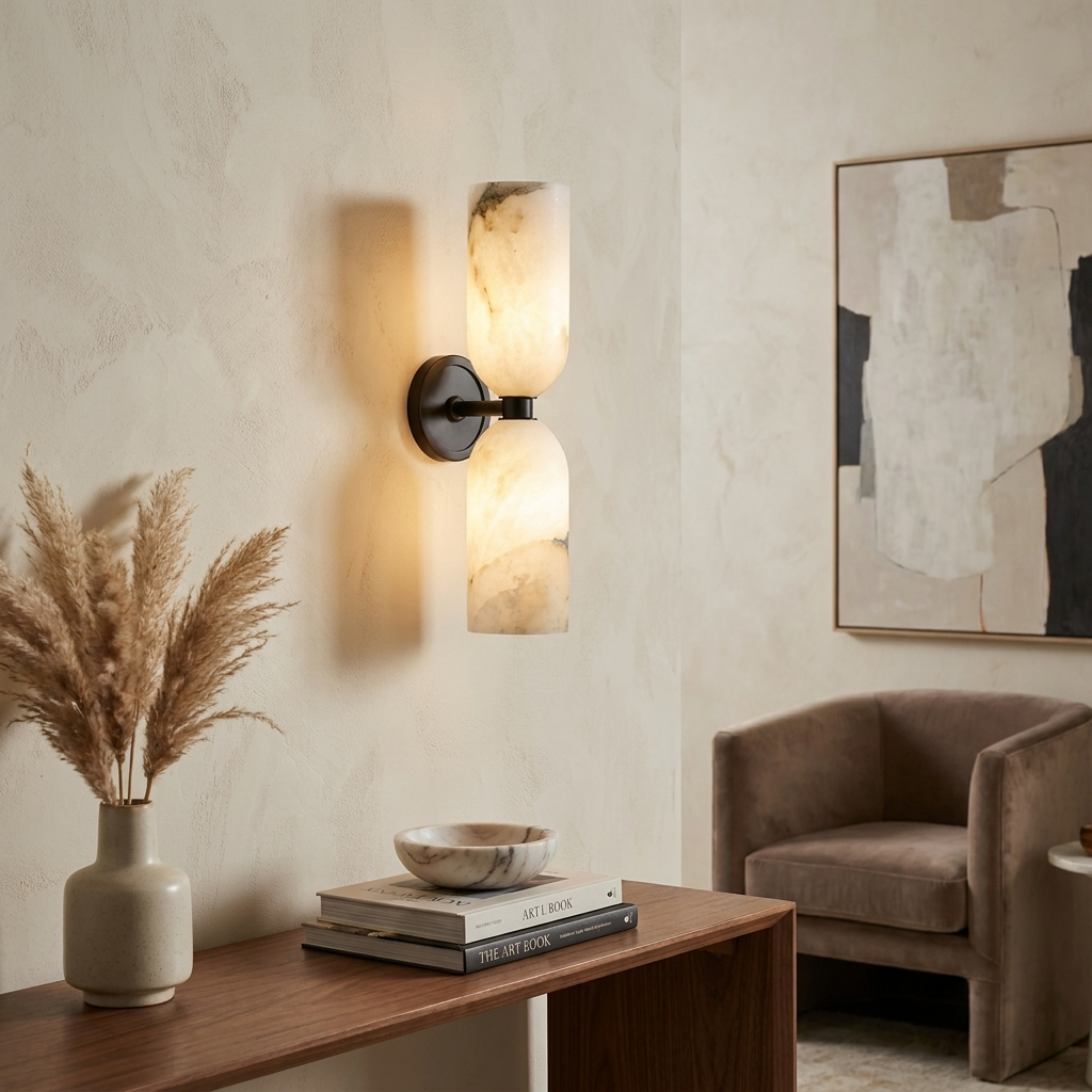 White Alabaster Wall Sconce Slim Cylinder Shade Copper Accent Modern Hallway Bedroom Home Decor - Stack & Clear 996