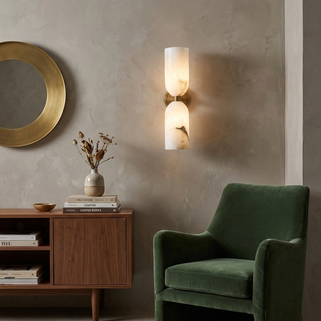 White Alabaster Wall Sconce Slim Cylinder Shade Copper Accent Modern Hallway Bedroom Home Decor - Stack & Clear 997