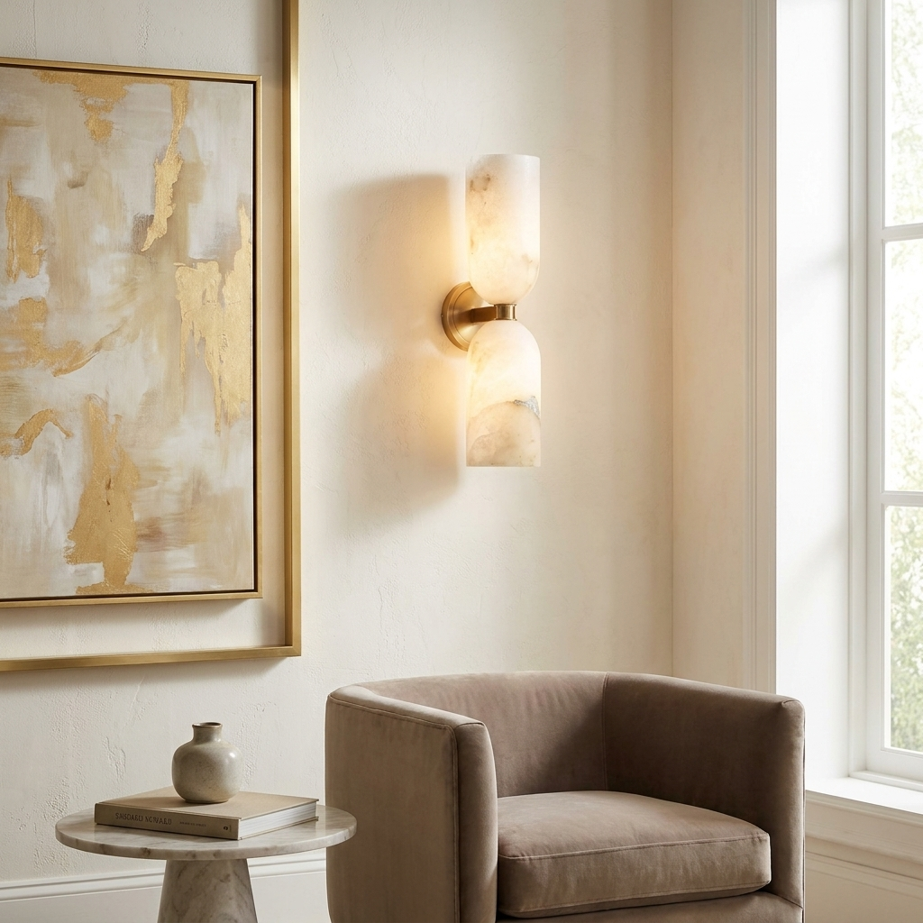 White Alabaster Wall Sconce Slim Cylinder Shade Copper Accent Modern Hallway Bedroom Home Decor - Stack & Clear 998