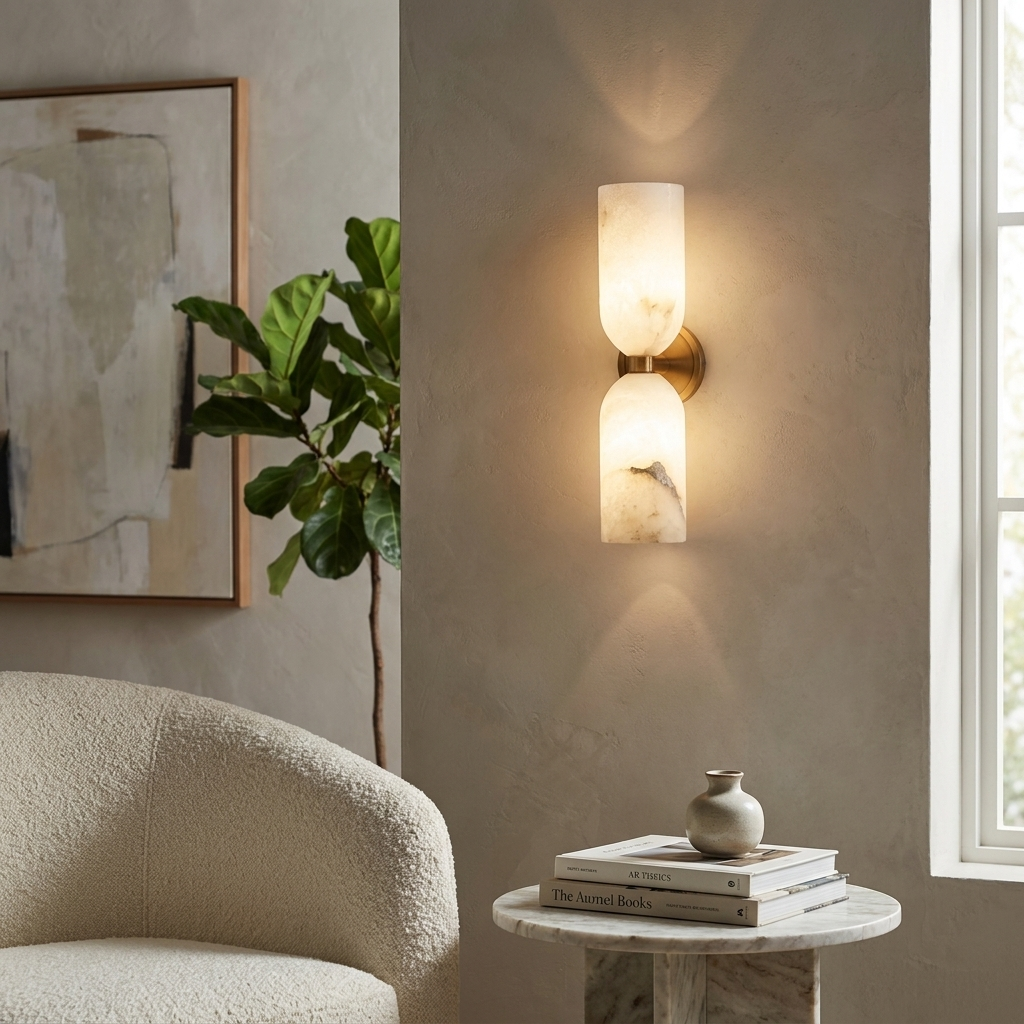 White Alabaster Wall Sconce Slim Cylinder Shade Copper Accent Modern Hallway Bedroom Home Decor - Stack & Clear 999