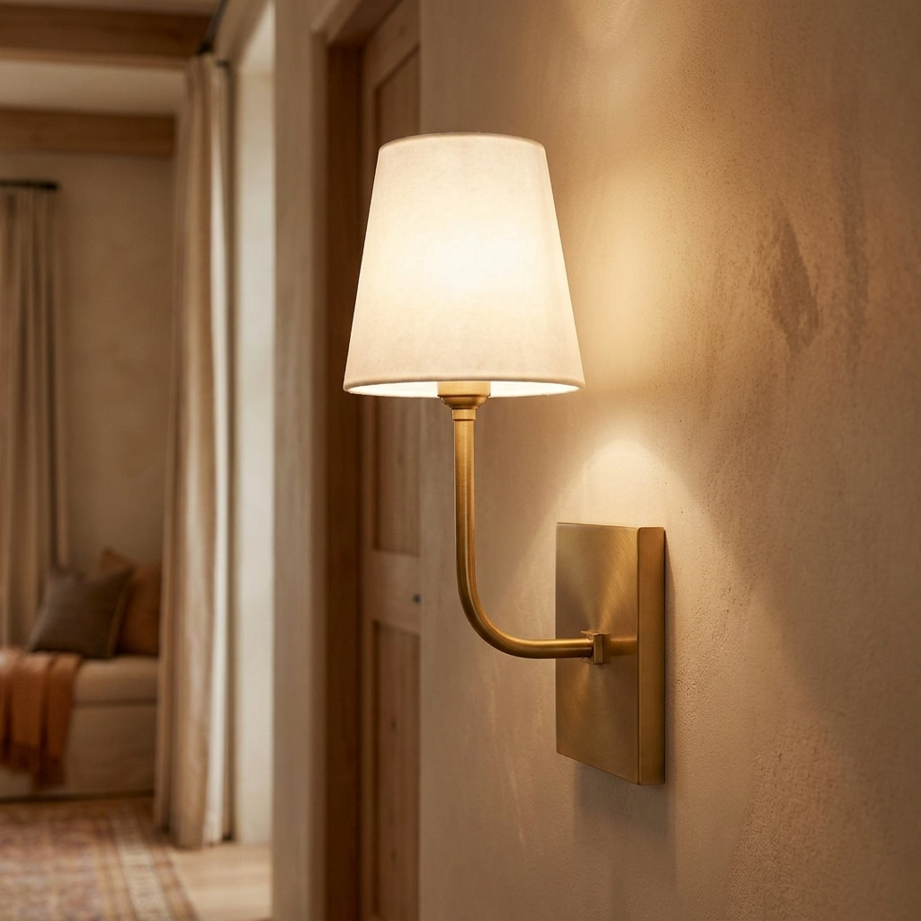 White Alabaster Wall Sconce Tapered Cone Shade Brass Accent Modern Hallway Bedroom Home Decor - Stack & Clear 0