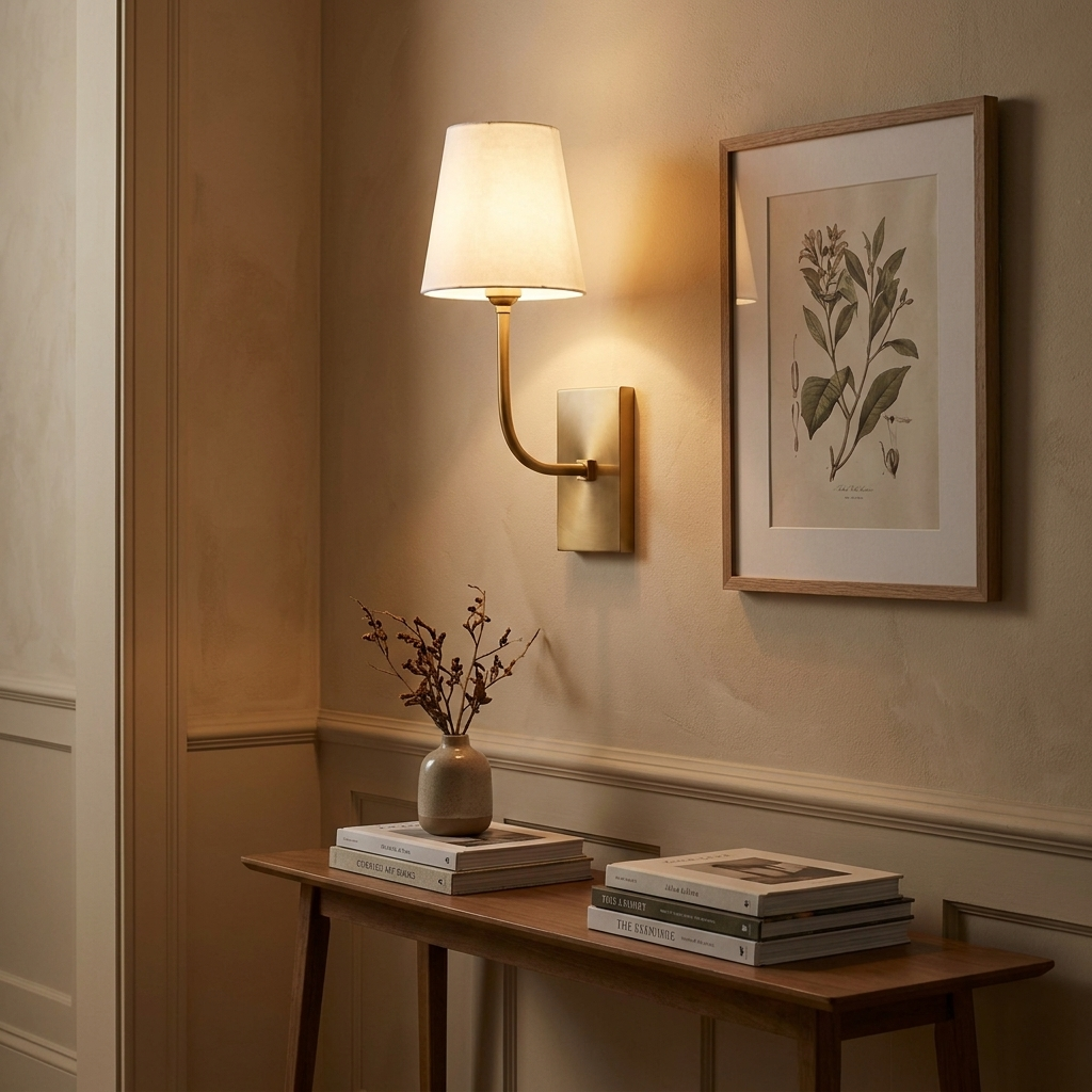 White Alabaster Wall Sconce Tapered Cone Shade Brass Accent Modern Hallway Bedroom Home Decor - Stack & Clear 1