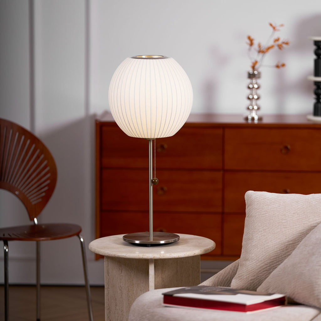 White Bubble Table Lamp Japandi Silk Shade Chrome Stem Bedside Home Decor - Stack & Clear 3