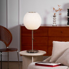 White Bubble Table Lamp Japandi Silk Shade Chrome Stem Bedside Home Decor - Stack & Clear 3
