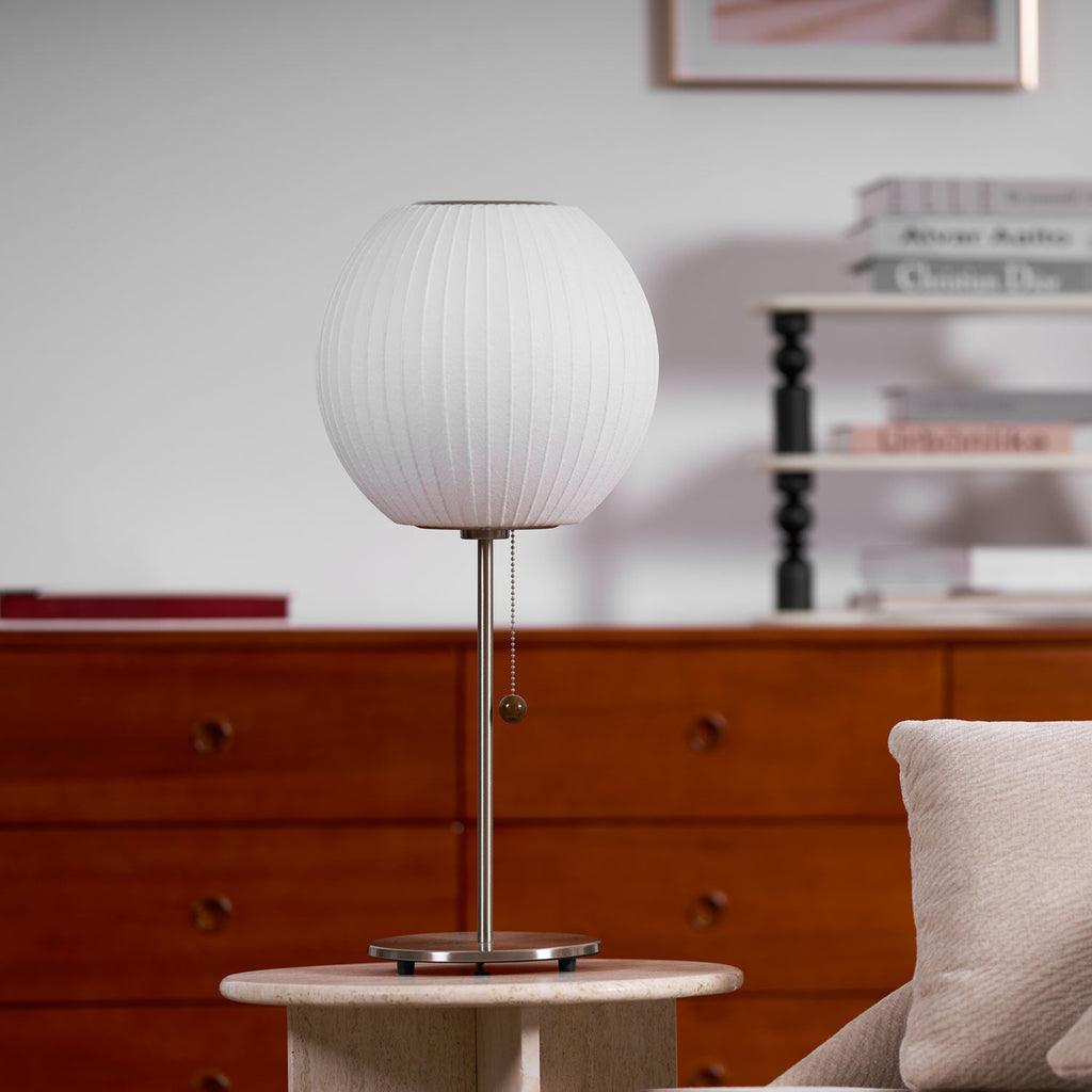 White Bubble Table Lamp Japandi Silk Shade Chrome Stem Bedside Home Decor - Stack & Clear 4