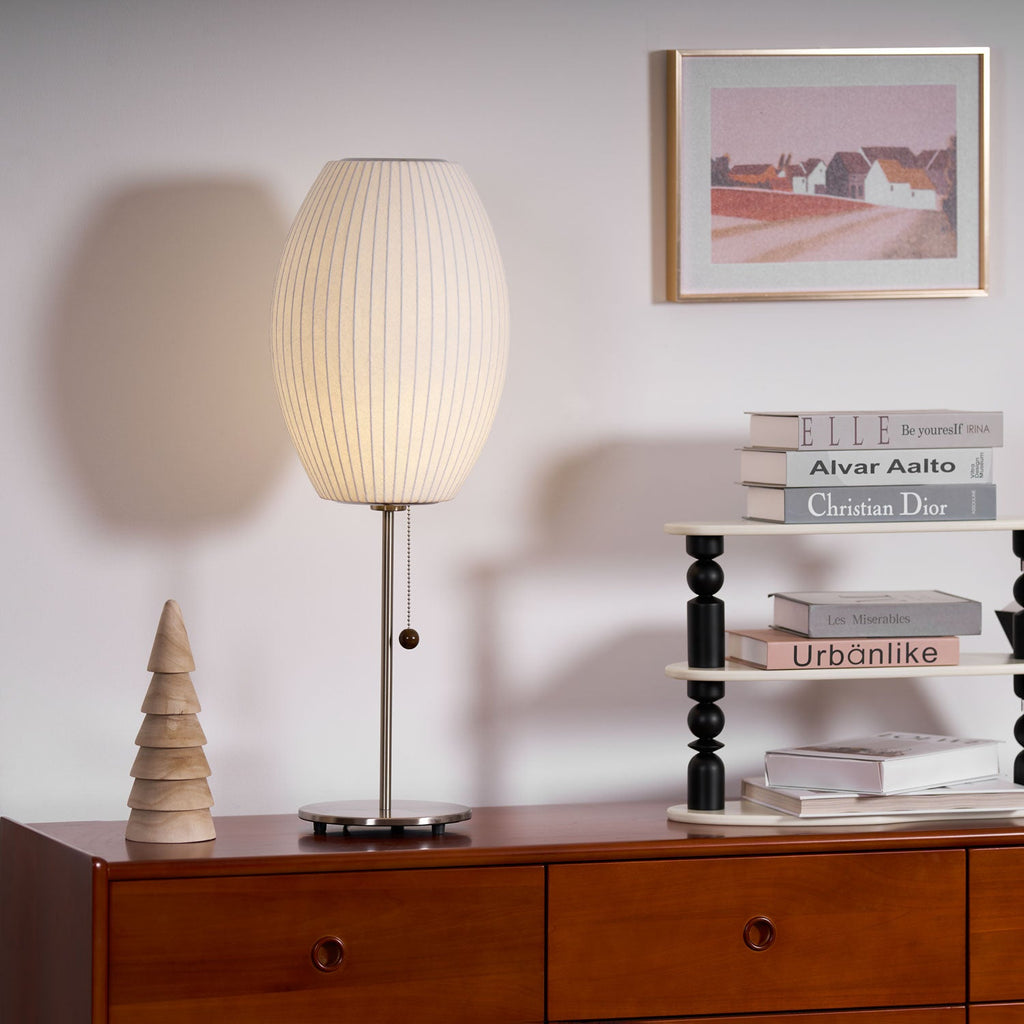 White Bubble Table Lamp Japandi Silk Shade Chrome Stem Bedside Home Decor - Stack & Clear 6