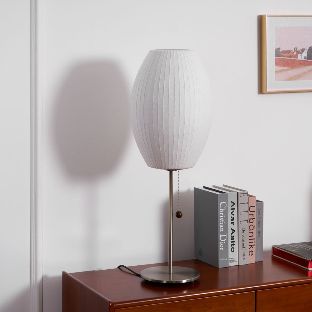 White Bubble Table Lamp Japandi Silk Shade Chrome Stem Bedside Home Decor - Stack & Clear 7