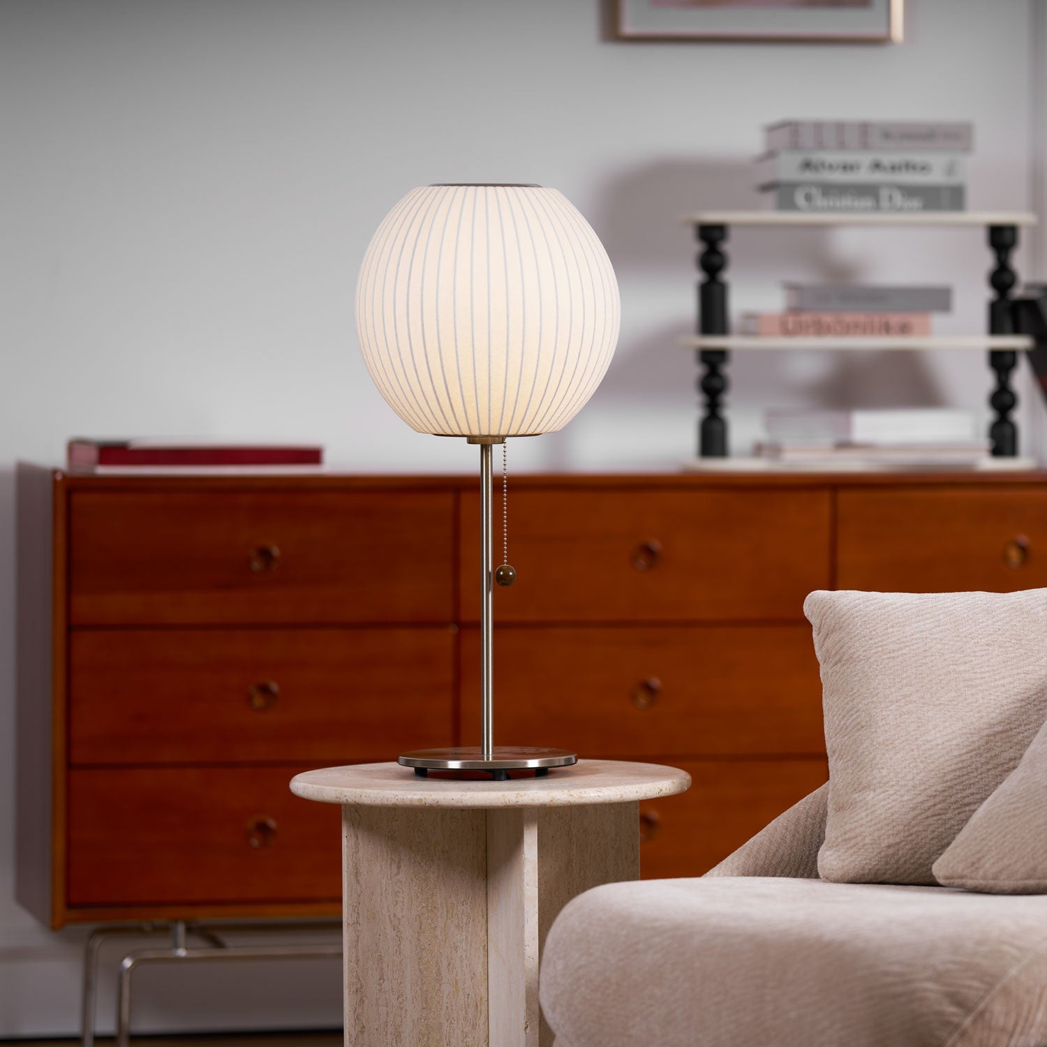 White Bubble Table Lamp Japandi Silk Shade Chrome Stem Bedside Home Decor - Stack & Clear 8