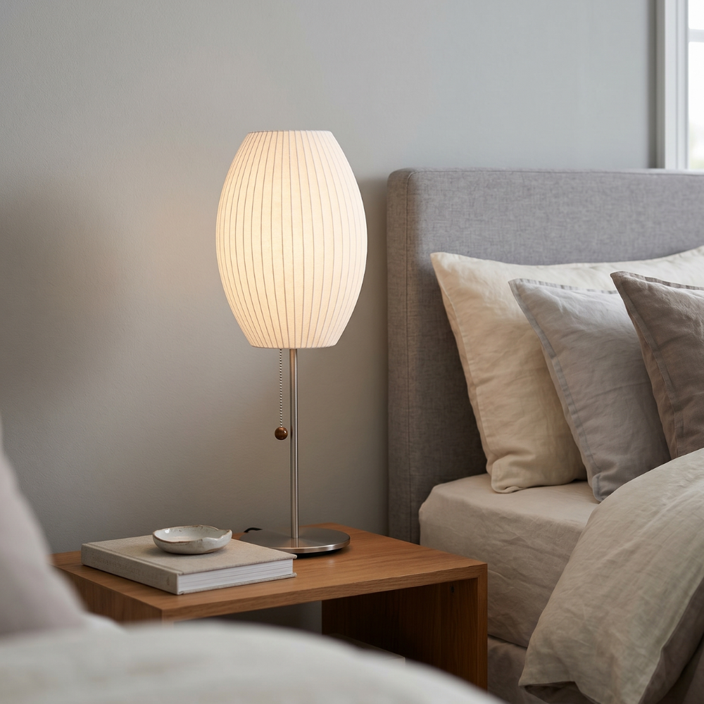 White Bubble Table Lamp Japandi Silk Shade Chrome Stem Bedside Home Decor - Stack & Clear 99