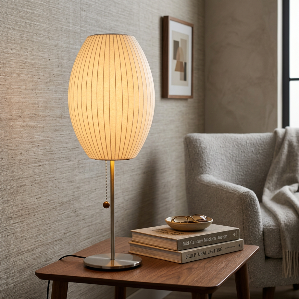 White Bubble Table Lamp Japandi Silk Shade Chrome Stem Bedside Home Decor - Stack & Clear 997