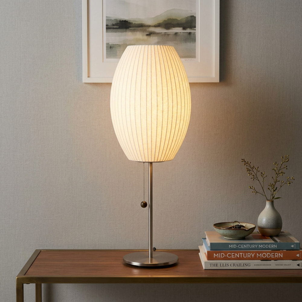 White Bubble Table Lamp Japandi Silk Shade Chrome Stem Bedside Home Decor - Stack & Clear 998