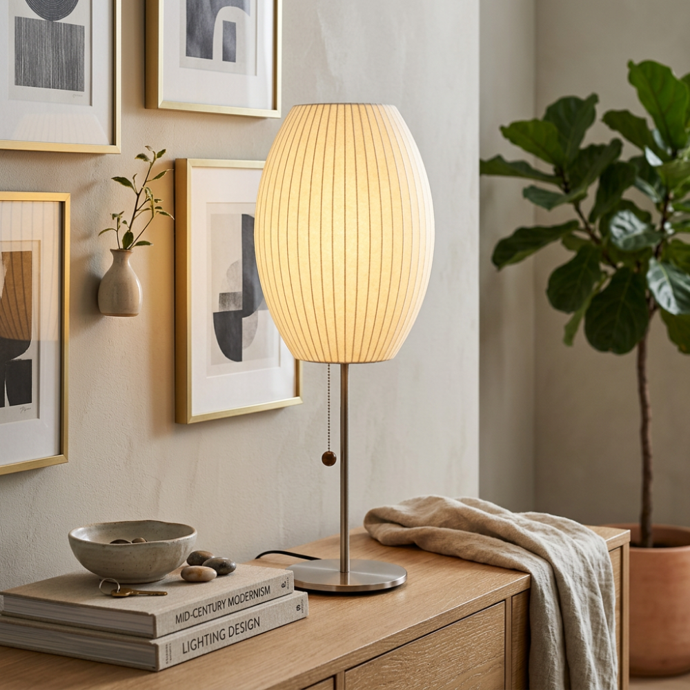 White Bubble Table Lamp Japandi Silk Shade Chrome Stem Bedside Home Decor - Stack & Clear 999