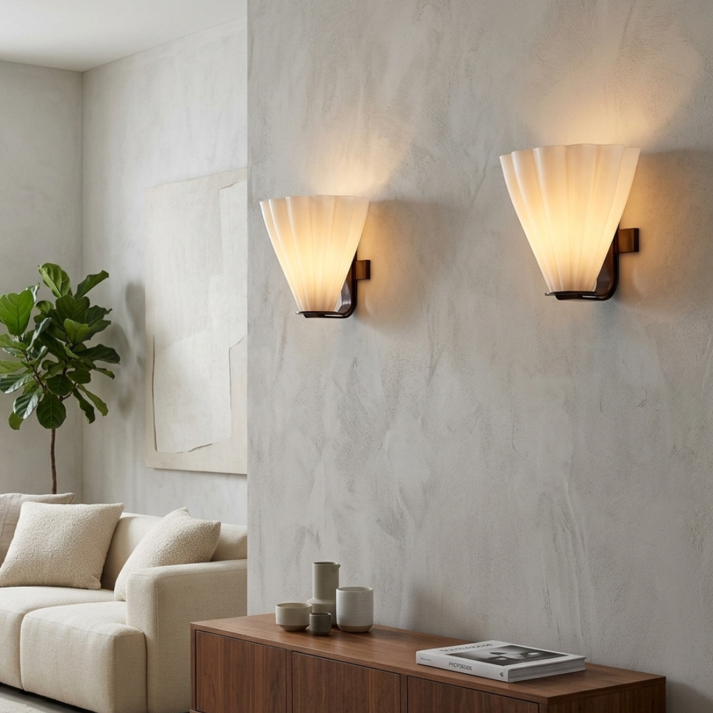 White Frosted Glass Wall Sconce Fan Shade Bronze Art Deco Living Room Bedroom Home Decor - Stack & Clear 98