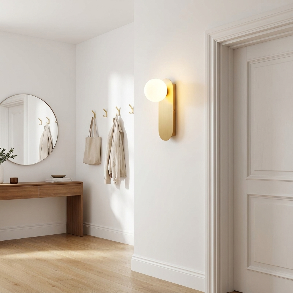 White Glass Globe LED Wall Sconce Spherical Shade Brass Finish Modern Living Room Hallway Home Decor - Stack & Clear 1