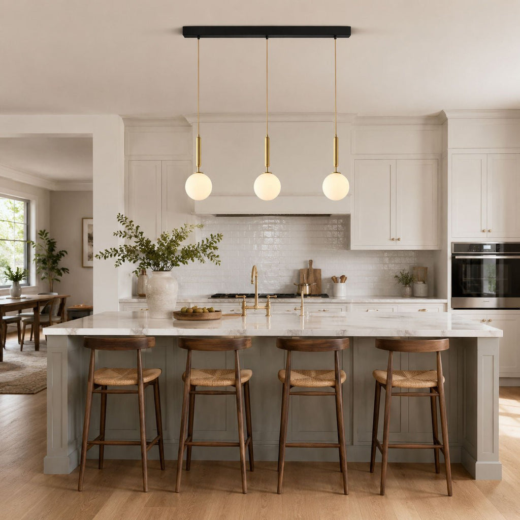 White Glass Pendant Light Globe Shade Brass Finish Modern Kitchen Dining Room Home Decor - Stack & Clear 6