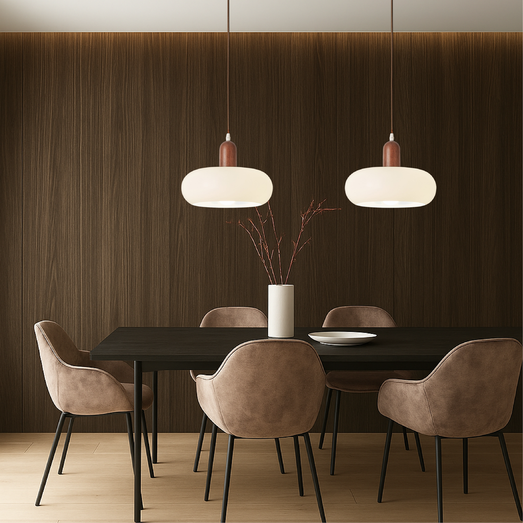 White Glass Pendant Light Wood Cap Scandinavian Adjustable Height Kitchen Dining Room Home Decor - Stack & Clear 2