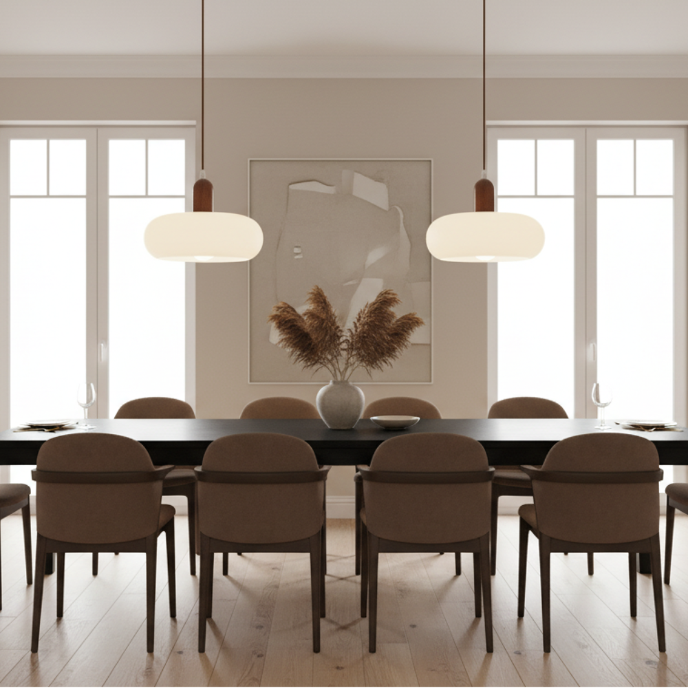 White Glass Pendant Light Wood Cap Scandinavian Adjustable Height Kitchen Dining Room Home Decor - Stack & Clear 3