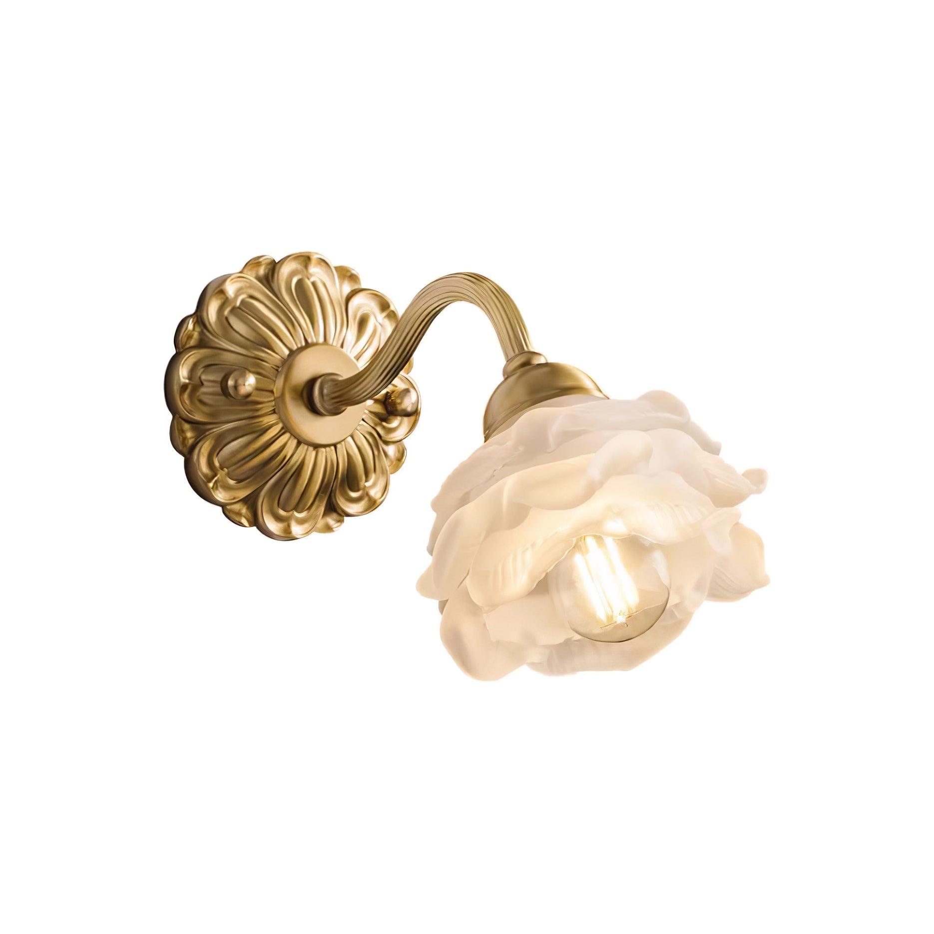 White Glass Rose Wall Sconce Brass Floral Base Vintage Bedroom Living Room Home Decor - Stack & Clear 0