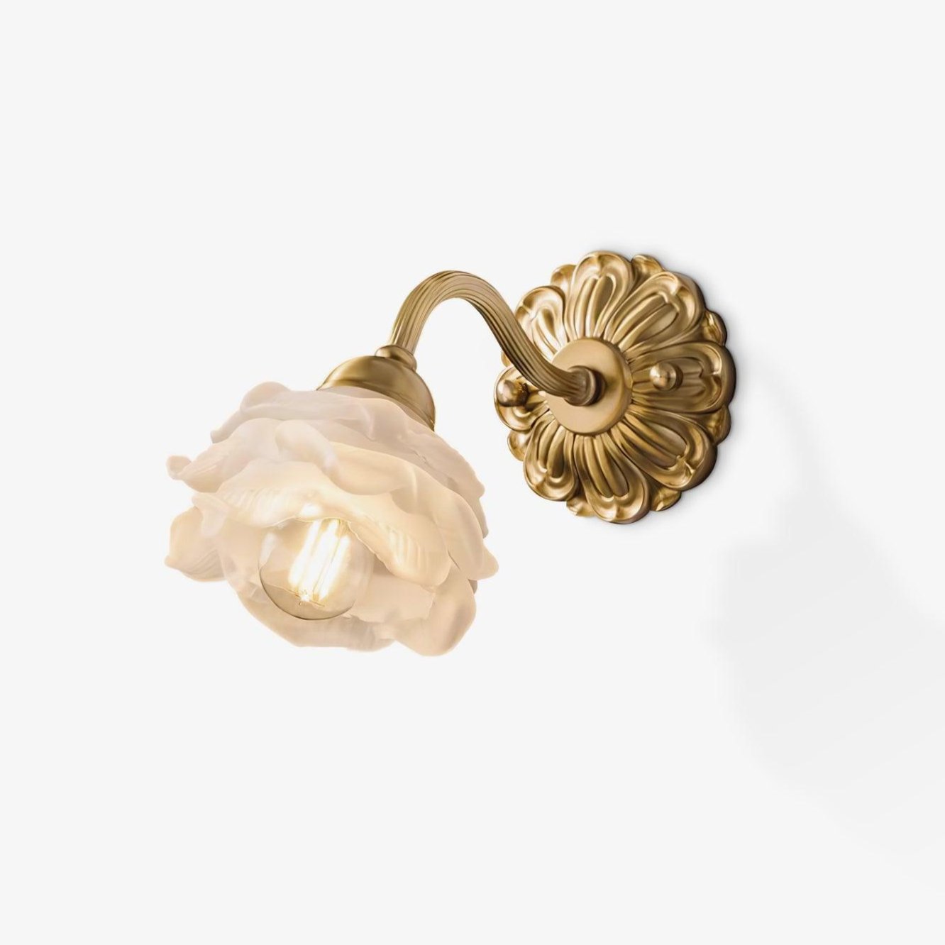 White Glass Rose Wall Sconce Brass Floral Base Vintage Bedroom Living Room Home Decor - Stack & Clear 1