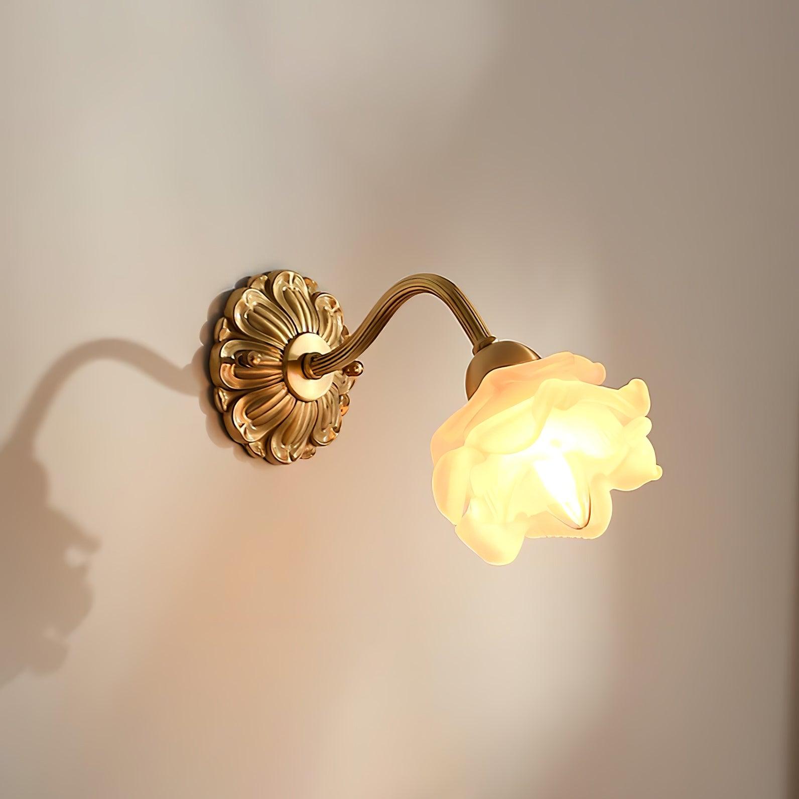 White Glass Rose Wall Sconce Brass Floral Base Vintage Bedroom Living Room Home Decor - Stack & Clear 2