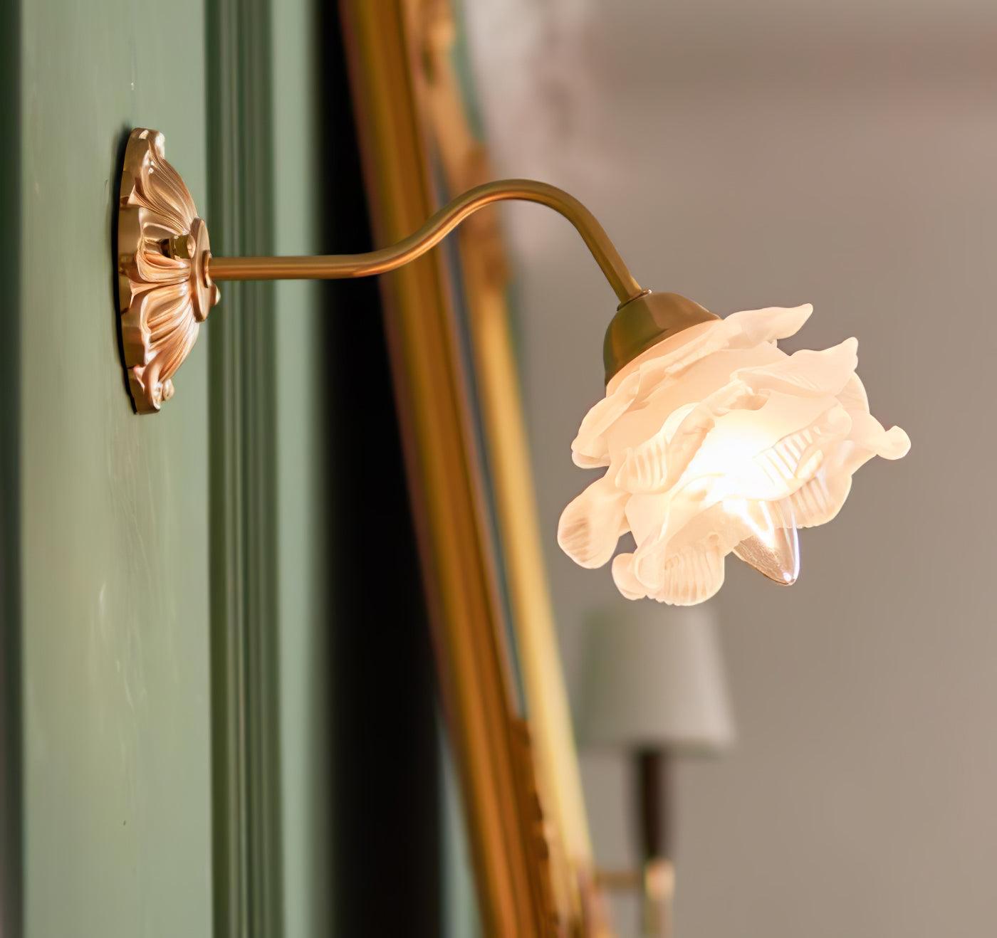 White Glass Rose Wall Sconce Brass Floral Base Vintage Bedroom Living Room Home Decor - Stack & Clear 3