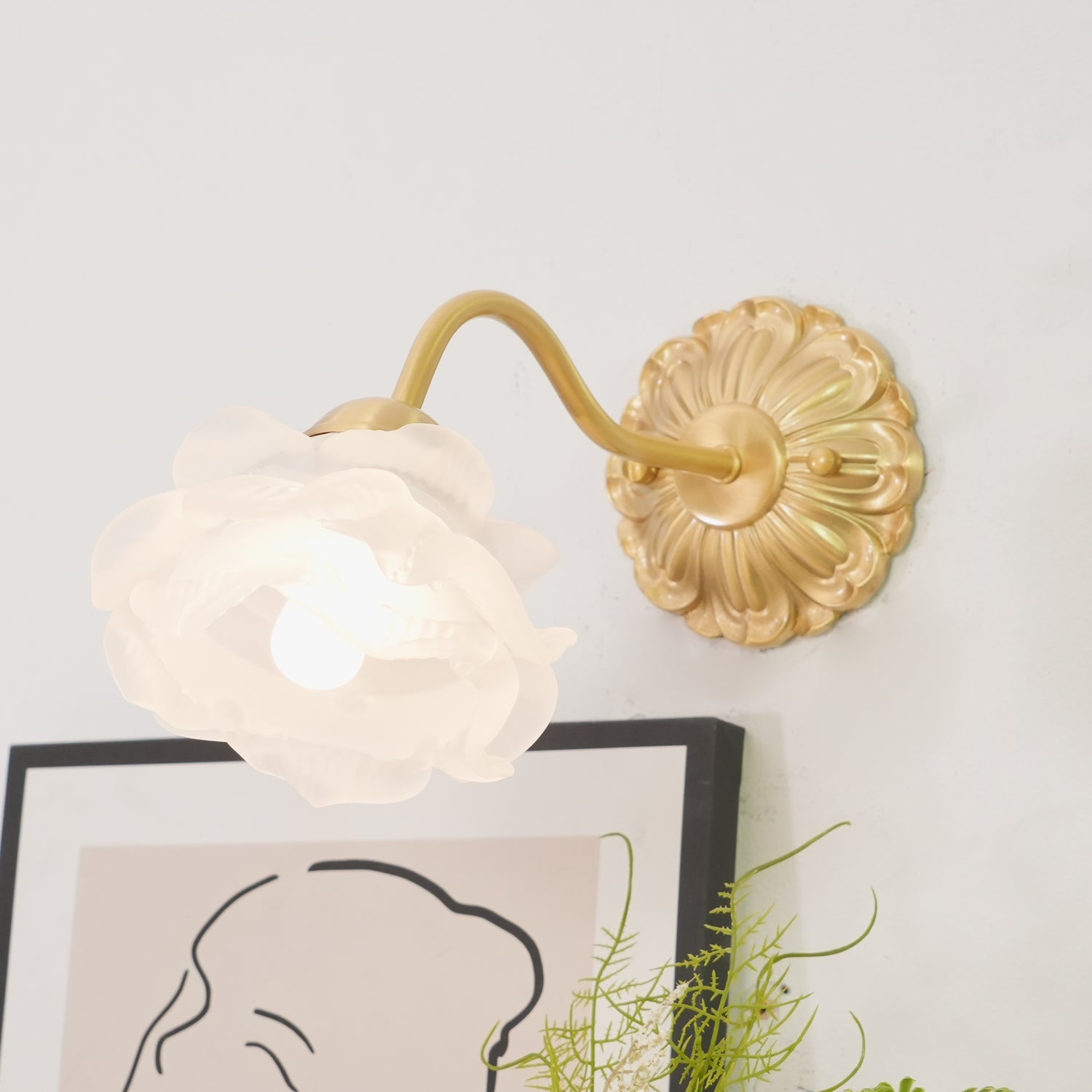 White Glass Rose Wall Sconce Brass Floral Base Vintage Bedroom Living Room Home Decor - Stack & Clear 4