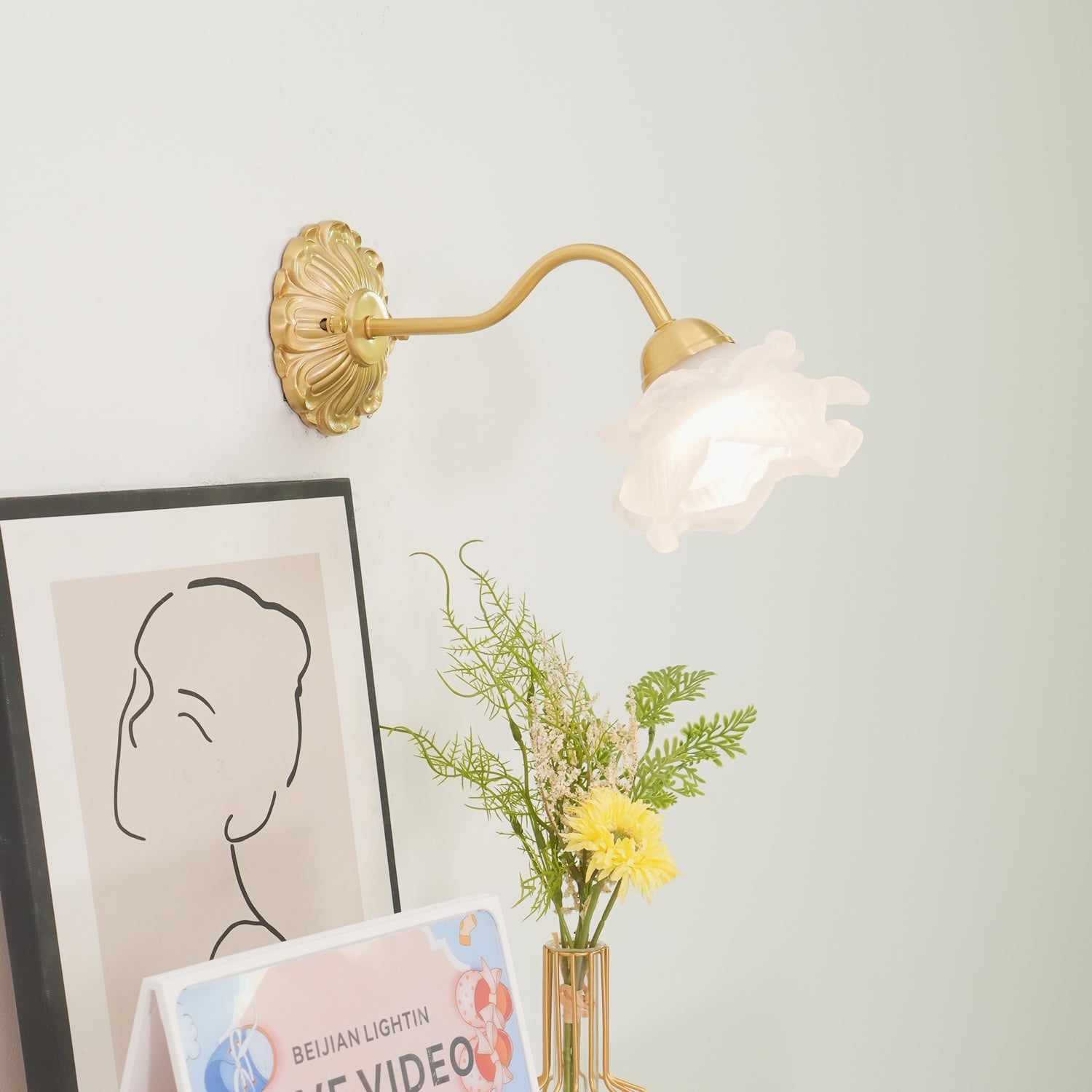 White Glass Rose Wall Sconce Brass Floral Base Vintage Bedroom Living Room Home Decor - Stack & Clear 5