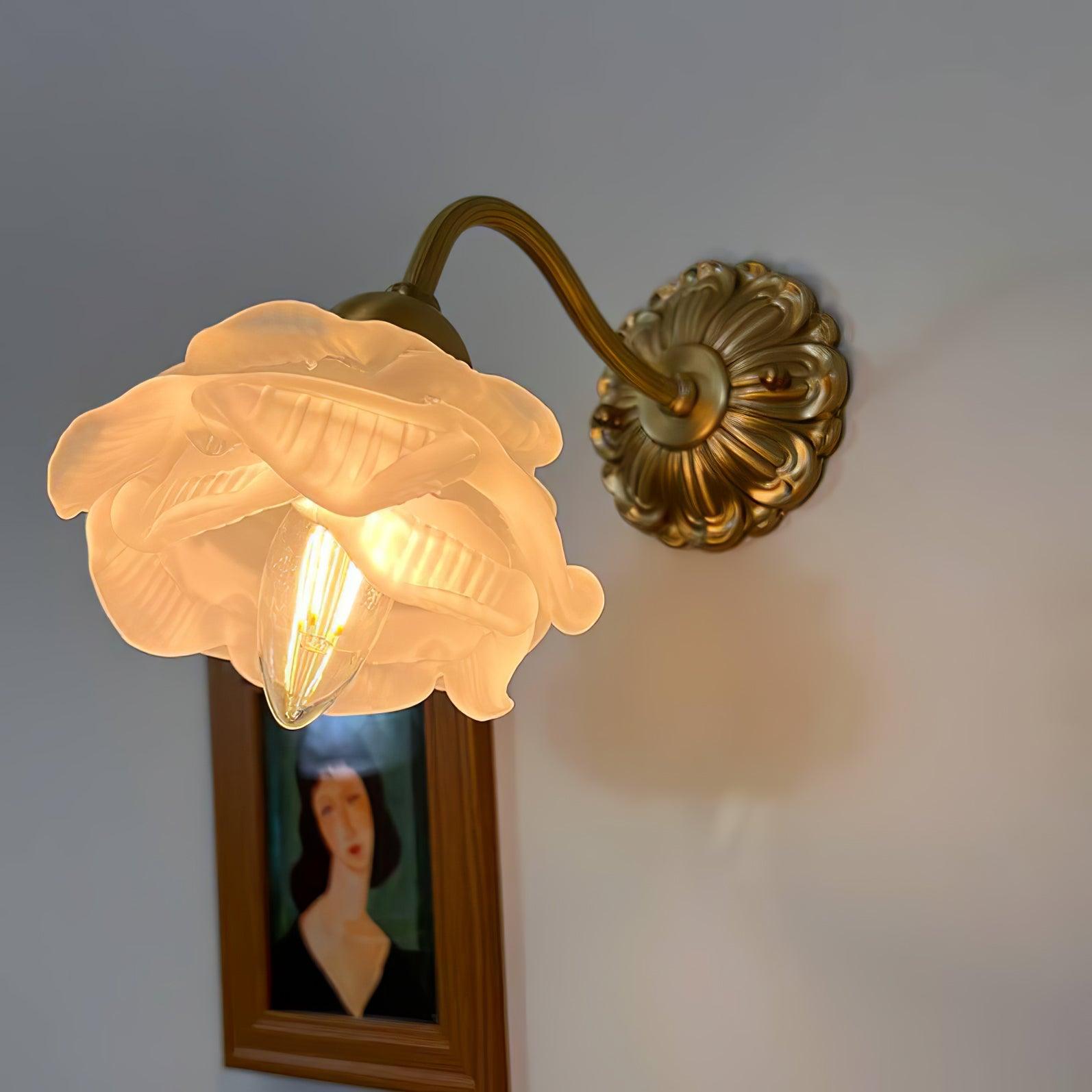White Glass Rose Wall Sconce Brass Floral Base Vintage Bedroom Living Room Home Decor - Stack & Clear 6