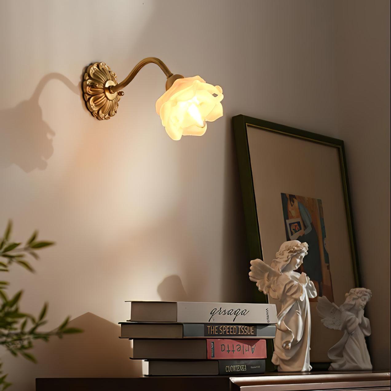 White Glass Rose Wall Sconce Brass Floral Base Vintage Bedroom Living Room Home Decor - Stack & Clear 7