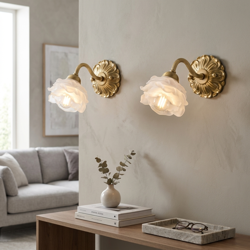 White Glass Rose Wall Sconce Brass Floral Base Vintage Bedroom Living Room Home Decor - Stack & Clear 97