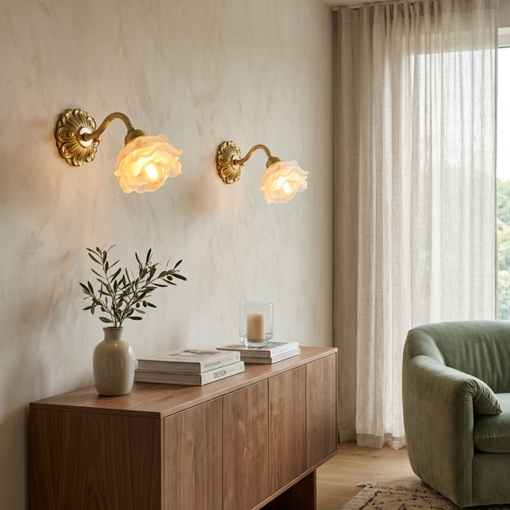 White Glass Rose Wall Sconce Brass Floral Base Vintage Bedroom Living Room Home Decor - Stack & Clear 98