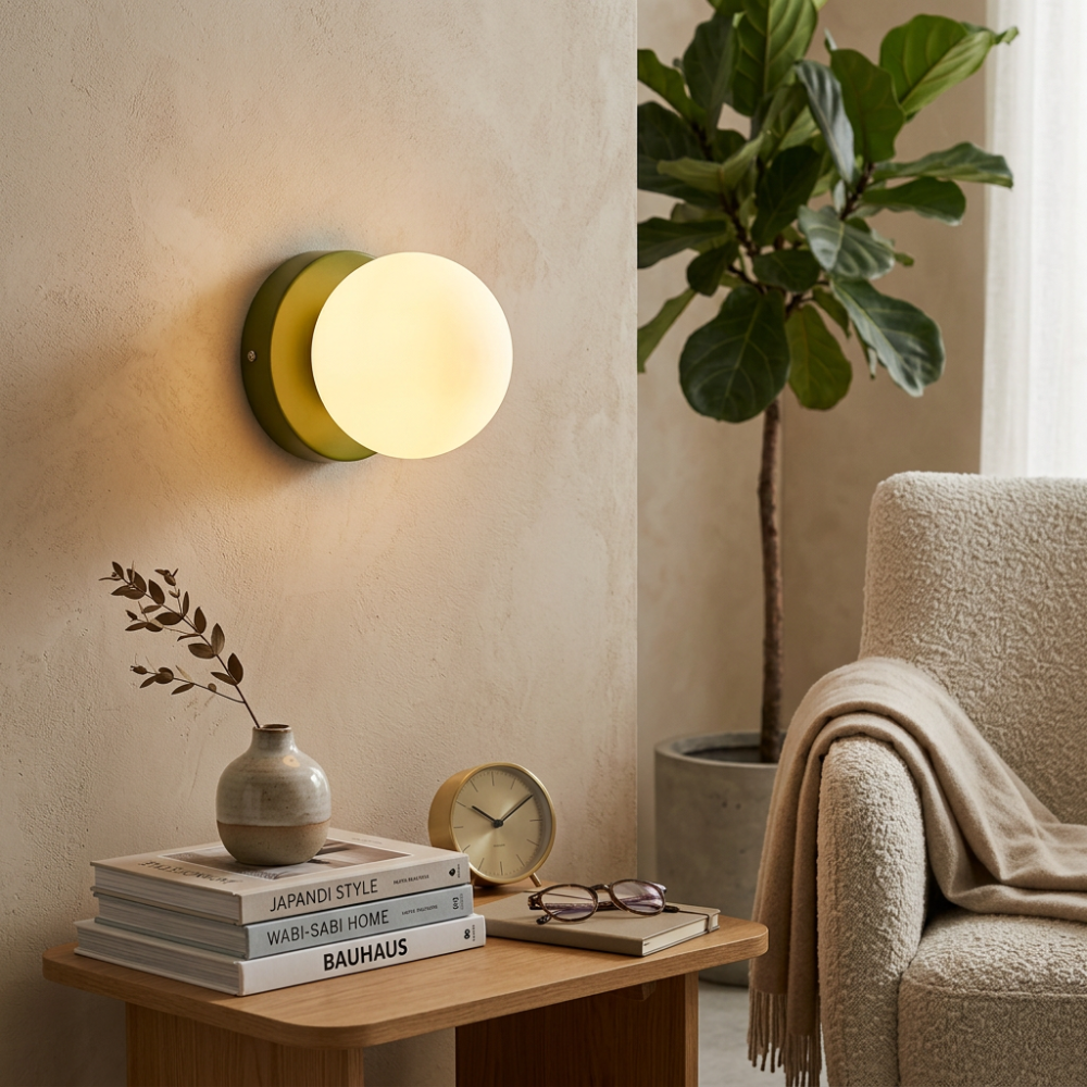 White Globe Wall Sconce Metal Bauhaus Compact Bedroom Living Room Home Decor - Stack & Clear 998