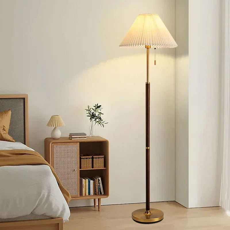 Wood Grain Floor Lamp with Pleated Shade - LED Compatible 3