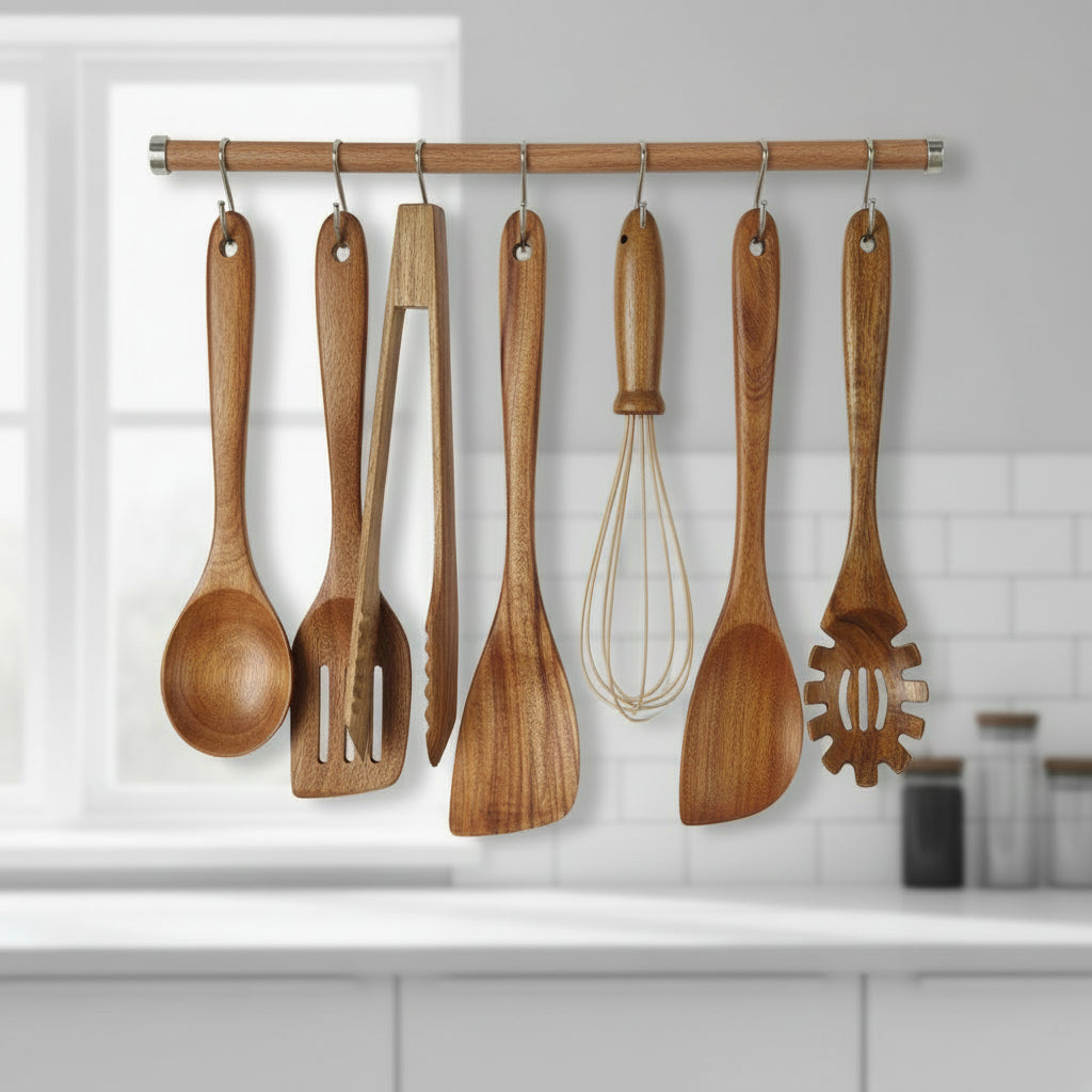 Wooden Cooking Utensil Set - 7pc Heat Resistant Kitchen Tools 0